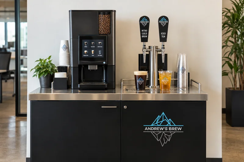 AI-generated representative complete Andrew’s Brew station: bean-to-cup coffee beside compact cold brew and tea taps, grounded on a stainless counter