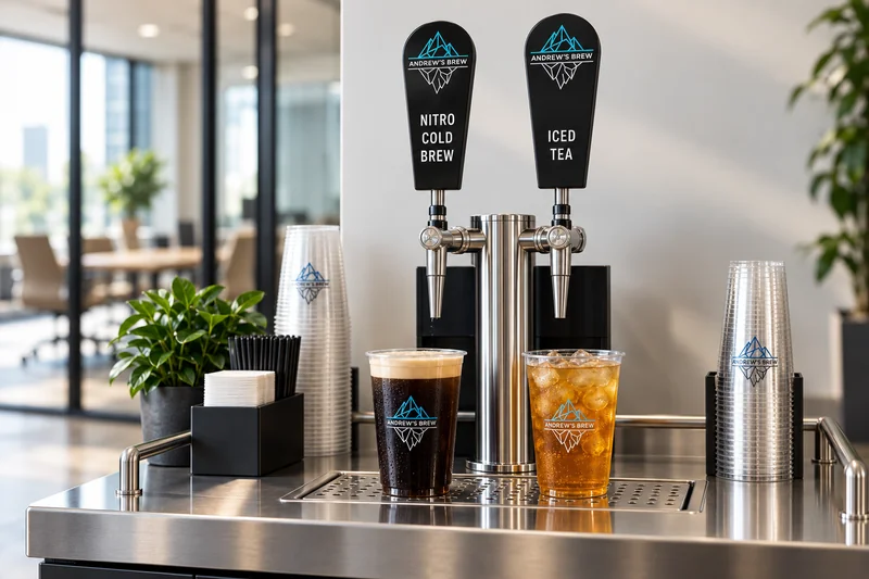 Representative nitro cold brew and golden iced tea beneath compact stainless taps