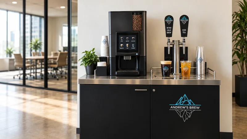 AI-generated representative Andrew’s Brew hot coffee and dual-tap cold beverage station in a daylit workplace
