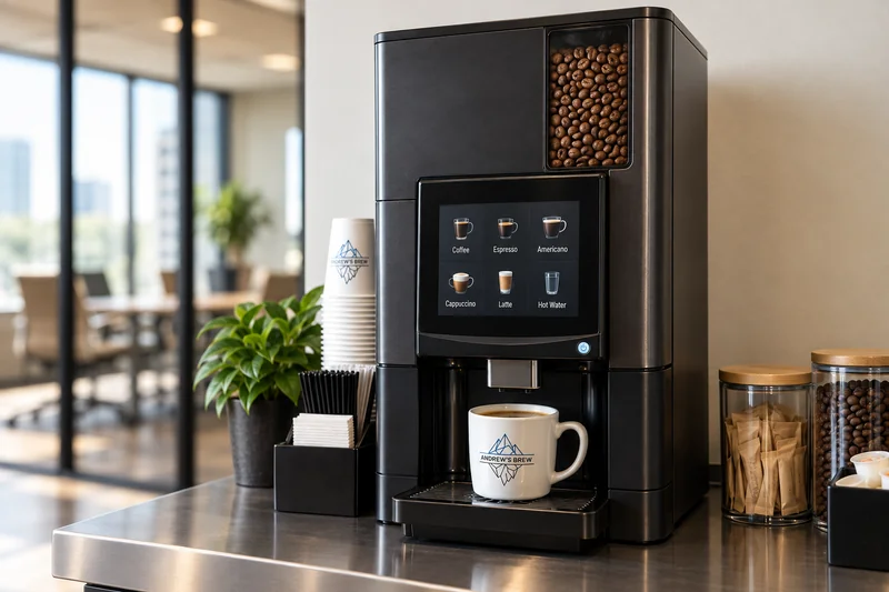 Representative bean-to-cup machine, whole beans and a white ceramic coffee cup